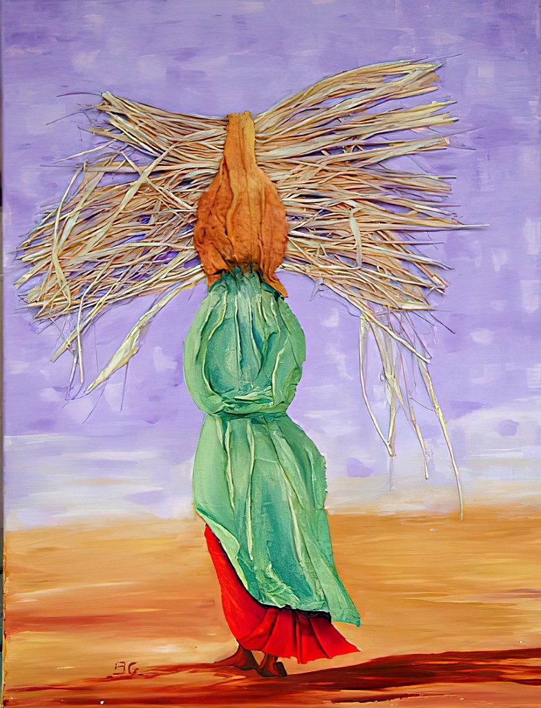 2002 02-Shourya.jpg - Année 2002 - 65 x 50 cm  Tissu et rafia collés, huile au pinceau sur toile